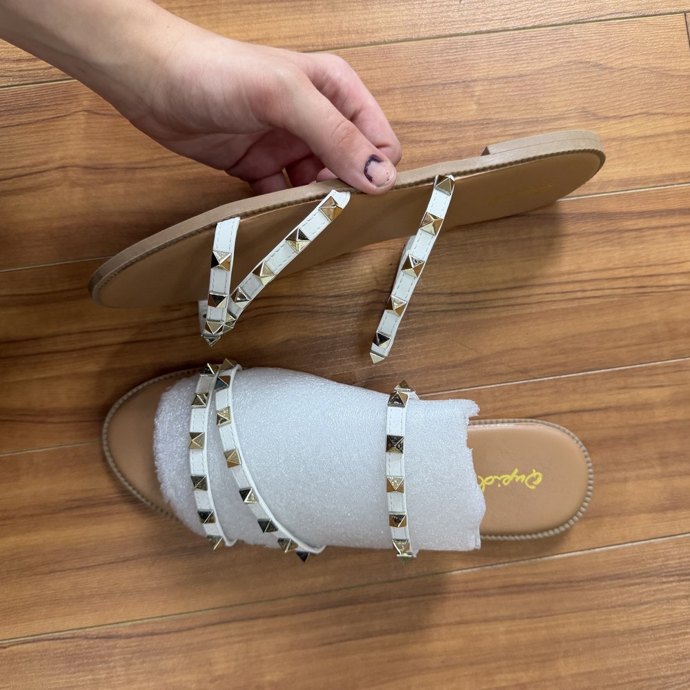 Qupid Sandals Womens Size 8 White Studded Slide Strappy Slip On Flat Summer
